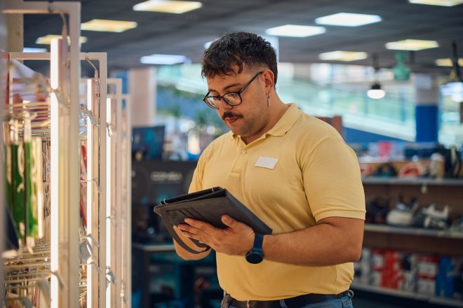 Employee reviewing inventory in a retail store during a busy afternoon shift